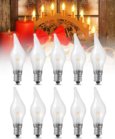TobeBright E10 LED Kerze Glühbirnen 1W, E10 Kerzenlicht Bogen Brücke Glühbirne Ersatz, Dimmbare Warmweiß 2200K, AC 8-55V Kegelkerze Weihnachtsbirne, für Kerzenständer, Feen Lichter, Pack von 10