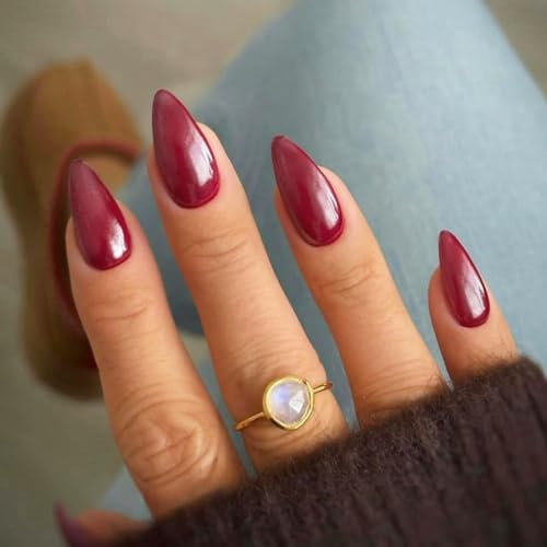 KQueenest Chrome Red Press on Nails Almond Medium Glazed Glitter False Nails Medium, Luxury Design Acrylic Fake Nails Set with Bling Mirror Effect Stick on Nail for Women Finger Decoration 24 Pcs