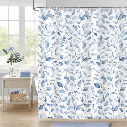 Dazzlewall Blaue Blätter Duschvorhang, Boho Aquarell Pflanze Badezimmer Vorhang 180x180cm, Waschbar Schimmelresistent Polyester mit 12 Haken