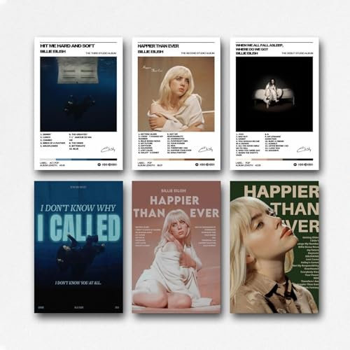 Qiouseo Lot de 6 affiches sur toile Billie Eilish chanteur de musique vintage - Décoration murale - Décoration de chambre - Style 1 - 20 x 30 cm