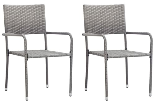 QZZCED Garten-Essstühle 2 STK. Stapelbar Grau Polyrattan Gartenmöbel Balkonstühle für Schwimmbäder