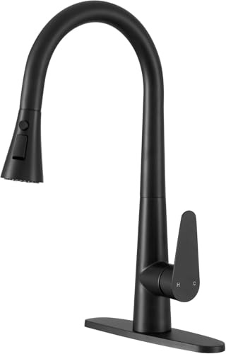 NEWSEE Kitchen Tap, 18 inch Kitchen Mixer Taps with Pull Out Sprayer, 360° Swivel High Arc Spout Kitchen Sink, Triple Function Spray Head, Stainless Steel Sink Faucet, Easy Installation (Matte Black)