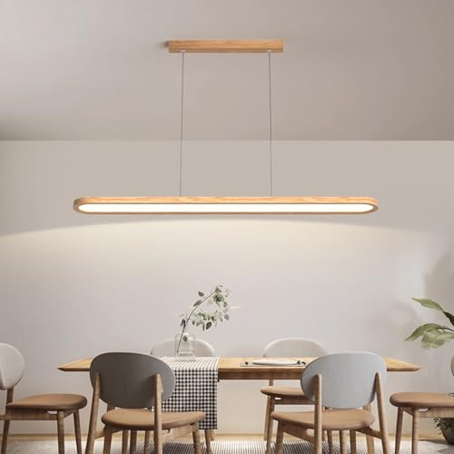 LED Pendelleuchte Holz Hängend Esszimmer Lampe Esstisch Kronleuchter Modern Minimalistisch Dimmbar Hängelampe Fernbedienung Länge Kochinsel Hängeleuchte für Büro Bar Höhenverstellbar Leuchte (80cm)