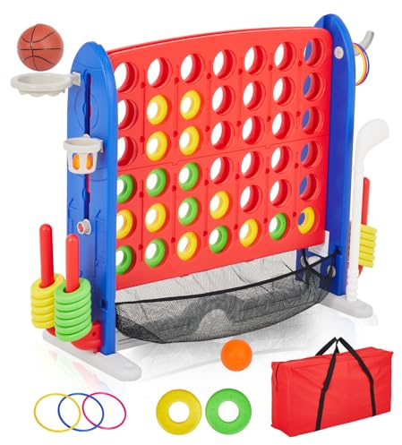 PeakPursuit Riesiges 4-to-Score-Spiel-Set, 3-stufig höhenverstellbar, Jumbo-Spiel mit Schnellwechselschieber, Mini-Basketball, Golf & Ringwurf-Set für Familienfeier, Outdoor & Indoor