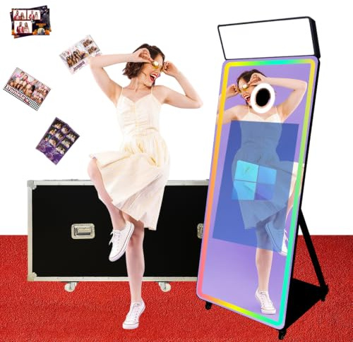 WideMeet Magic Mirror - Fotomatona con touchscreen, mini PC integrato, software, luce LED RGB e valigia di trasporto per eventi e matrimoni (nero, 43 pollici di schermo)