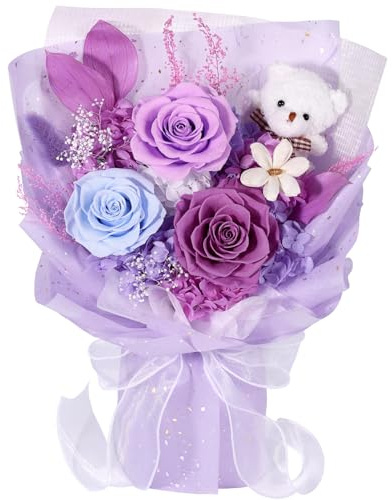 Preserved Flowers with Bear, Purple Flowers Bouquet, Gifts for Women | Fresh Flowers for Delivery, Forever Eternal Roses, Gift Box&Card, Birthday gift for Mom Wife Her,Anniversary Present