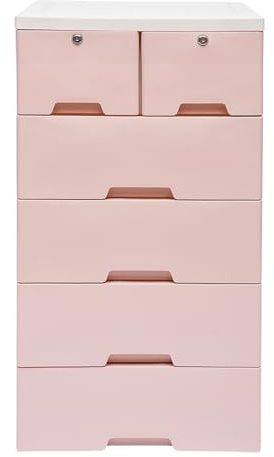 6 cassetti in plastica, cassettiera per comodino, cassettiera con serratura e 4 ruote, per soggiorno, camera da letto, colore rosa