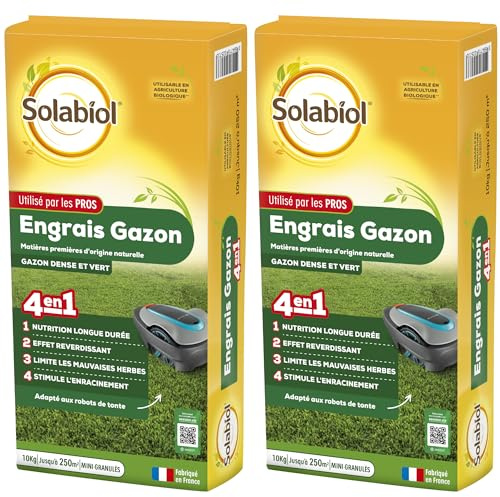 SOLABIOL Engrais Gazon 4 en 1 - Jusqu'à 500m² - 20Kg | Nutrition Longue Durée - Effet Reverdissant - Limite les Mauvaises Herbes - Stimule l'Enracinement - SOGAZYPRO10X2