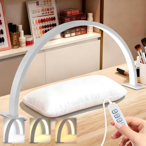 Jonuin Nail Light for Desk, 21'' Half Moon Light for Nail Desk, 3 Colour Modes and Brightness Nail Desk Lamp, USB Powered Nail Desk Light for Nail Tech Beauty Eyelash Tattoo Crafts (White)
