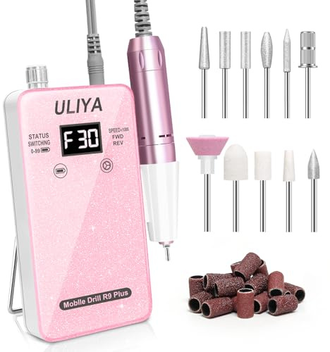 Uliya Electric Nail Drill 30000RPM Rechargeable Nail File Machine Set Pink | Professional Portable Nail Drill Machine with Nail Bits and Sanding Bands for Acrylic Gel Nails Salon Home Use
