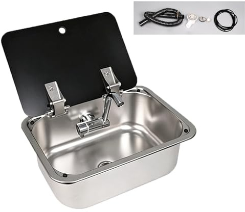 Fregadero de Cocina para Autocaravanas con Tapa, Acero Inoxidable 304, Fregadero Empotrable con Grifo Plegable Que Ahorra Espacio para Caravanas, Barcos y Furgonetas