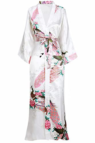 BABEYOND Robe de chambre très longue en satin pour femme, kimono d’été à motif floral, long peignoir kimono imprimé, pour soirée pyjama entre filles, Blanc., taille unique