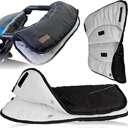 Kinderwagen Handwärmer Handmuff mit kuschelweichen FLEECE Handschuhe Kinderwagenmuff Buggy Sportwagen Universal Wind - und Wasserabweisend reflektierend (SCHWARZ/HELLGRAU)