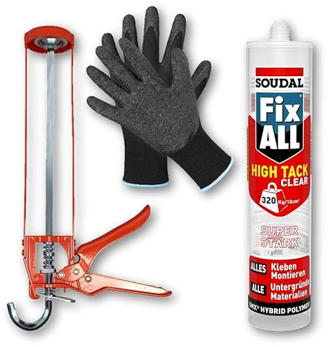 SOUDAL Fix All High Tack CLEAR 12 x 305g + Skelettpistole + Finegrip Handschuh