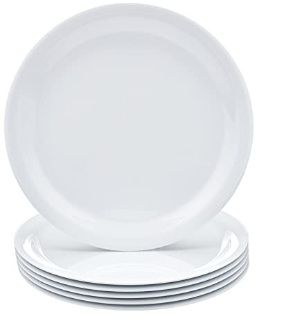 Amazon Basics Melamine Plastic Plate, Dishwasher Safe, BPA Free, 6 Piece Set, 9 in, White
