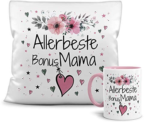 PR Print Royal Geschenk-Set aus Tasse und Kissen mit Füllung - Allerbeste Bonus Mama - Persönliche Geschenkidee für Beste Freunde, Verwandte und Familie - weiß/rosa