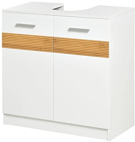 kleankin Mobile Sotto Lavabo Bagno Inserto in Bambù, Mobiletto Bagno Sottolavandino con Antine in Legno Bianco, 60x30x60.5cm