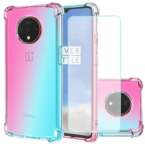Jhxtech für OnePlus 7T Hülle mit gehärtetem Glas Displayschutz, Transparente süße Verlauf Handyhülle, Schlankes kratzfestes Flexibles TPU Hülle stoßfeste Schutzhülle für OnePlus 7T rosa/grün
