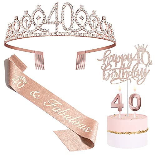 Bella Meri 40th Birthday Gifts for Women, 40th Birthday Tiara Crown, Sash, Cake Toppers,Birthday Candles, 40 Birthday Decorations Women