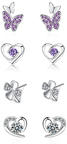 GUROTD 4 Pairs 925 Sterling Silver Stud Earrings for Women Girls Tiny Flower Heart Butterfly Hypoallergenic Cubic Zirconia Diamond Cartilage Earrings Set