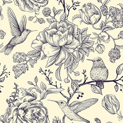 VEELIKE 44.5cm×900cm Tapete Blumen Beige Zitrone Vogel Fototapete Vintage Blumentapete Klebefolie Floral Tapeten Wohnzimmer Muster Möbelfolie Wasserfest Tropische Blätter Dekoration Schlafzimmer