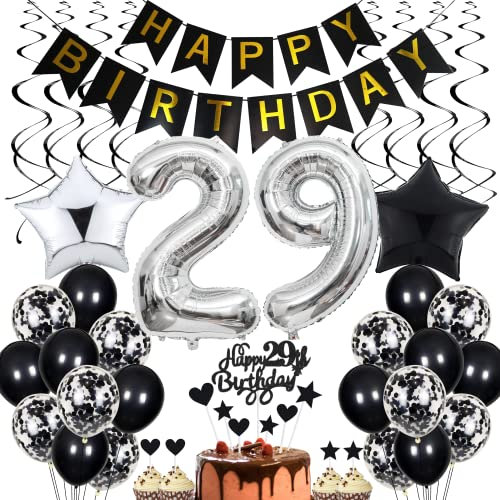 29. Geburtstag Dekoration - Schwarz Tortendeko für Männer und Frauen, Black and White Party Deko, Geburtstagsdeko 29 Jahre