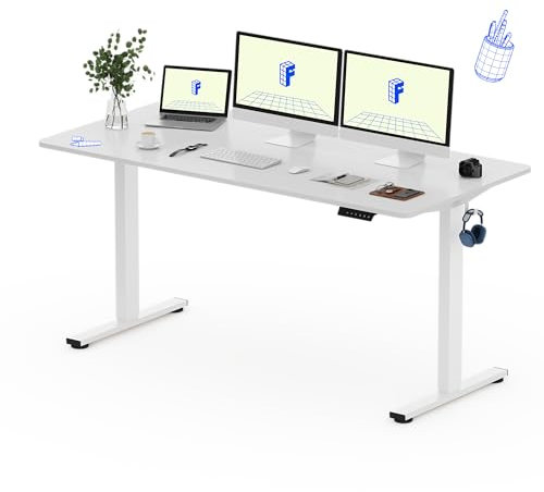 FLEXISPOT 160x80cm Electric Standing Desk Height Adjustable Desk ONE PIECE Sit Stand Desk Stand Up Desk with Memory Smart Pannel (White Frame+ White Desktop)