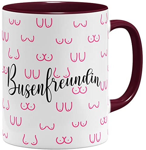 OM3® witzige Kaffeetasse mit Brüsten BFF Busenfreundin Tasse Brüste-Muster | Keramik Becher | 11oz 325ml | Rundumdruck | Bordeaux