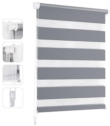 Sekey Doppelrollo Klemmfix ohne Bohren für Fenster, Doppelrollo 95 cm breit, Duo Rollo Jalousie Sonnenschutz, 95x210cm, Grau