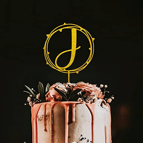 Rimego Initial Cake Topper, Wreath, Letter J Cake Topper, Wedding, Engagement, Wedding Anniversary Cake Toppers Decorations, Gold