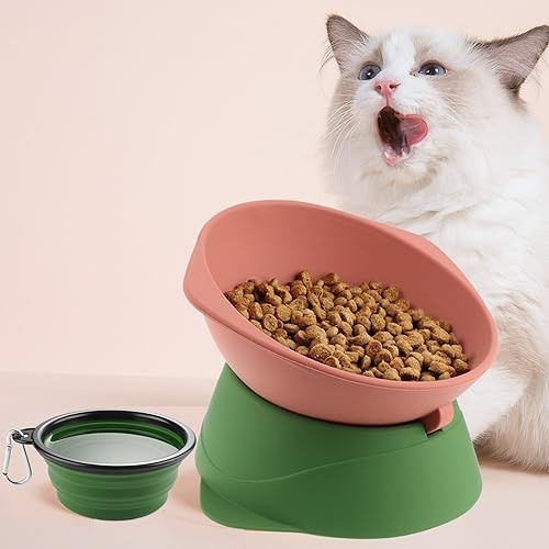 Raised Cat Food Bowls,Silicone Elevated Tilted Cat Bowls for Food&Water,Anti Vomiting Slanted Protect Spines Pet Bowls for Cat&Small Dog,Portable Collapsible Pet Dishe for Home Travel Camping (Green)