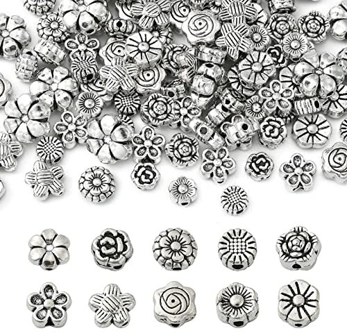 UR URLIFEHALL 100 cuentas espaciadoras de flores plateadas antiguas en forma de flor de plata para bricolaje, bridas con cremallera, accesorios para hacer joyas