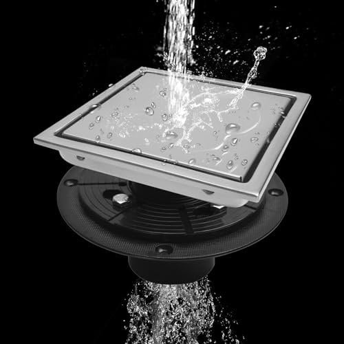 ARAUSK Duschablauf, 15,2 cm quadratischer Duschbodenablauf mit Flansch Reversible 2-in-1 Abdeckung Flieseneinsatz Gitter Abnehmbarer SUS 304 Edelstahl Badewannenablauf Haarfänger/Badewannenschutz für