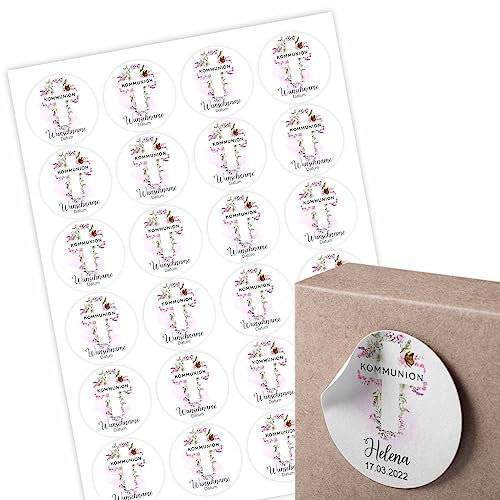 24 Stück Aufkleber zur Taufe - Personalisierte Aufkleber mit Namen und Datum für die Geschenke Ihrer Gäste - 4,5 cm Runde Papieraufkleber (Kommunion Kreuz Blumen)