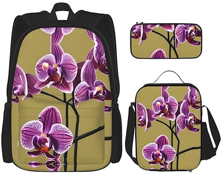 ZYVIA Schöne Orchideen 3-teiliges Taschen-Rucksack, Lunchtasche und Federmäppchen-Set, stark und verschleißfest, große Kapazität für Schulen, Bergsteigen, Training, Schwarz , Einheitsgröße