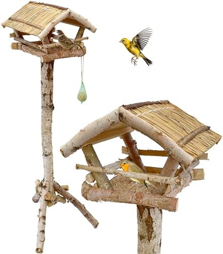 Vogelhaus aus Birkenholz 132cm mit Ständer Vogelfutterhaus Futterhaus Vogelhäuschen Vogel Ständer Reetdach Natur