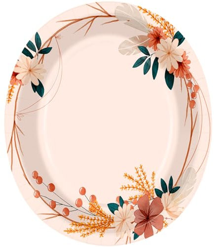 50 PCS Thanksgiving Oval Paper Plates,10 x 12 Inch Flower Pink Disposable Plates for Thanksgiving Summer Birthday Boho Wedding Floral Party Decorations