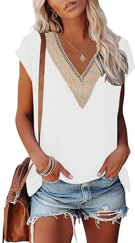 PLOKNRD Damen T-Shirts Sommer V-Ausschnitt Elegantes Abendparty Top Klassisches Kurzärmeliges Oberteile(Weiß,XL)