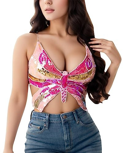 2024 – Tanktop, glitzernd, Crop, Bauchtanz, Pailletten, Tank, Damen, Kostüm, Bandage, BH, Intim, T-Shirt, Herren, klassisch, F, One size