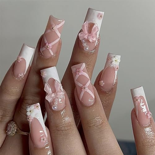 Goiern Lot de 24 faux ongles à coller avec strass roses - Carrés brillants - Motif fleur 3D - Faux ongles