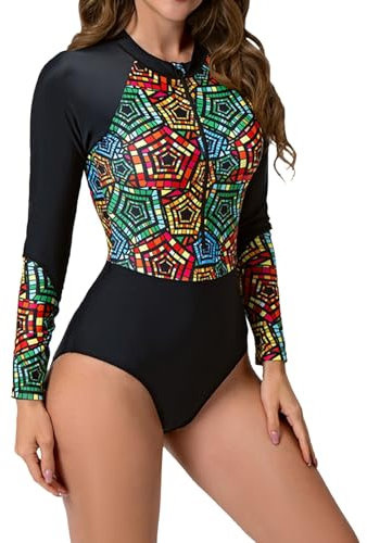 Maillot De Bain Femme 1 Pieces Manche Longue Zippé Col Rond Grande Taille Vintage Patchwork Maillot De Bain Une Piece Femme Sport Entrainement Natation Piscine Plage Surf Océan (Black, M)
