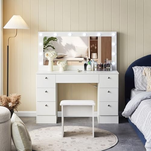 TUKAILAi Large Dressing Table Set with Hollywood LED Lights Mirror, White Vanity Table with 7 Storage Drawers, Makeup Table with Long Mirror and Cushioned Stool for Bedroom Girls Women