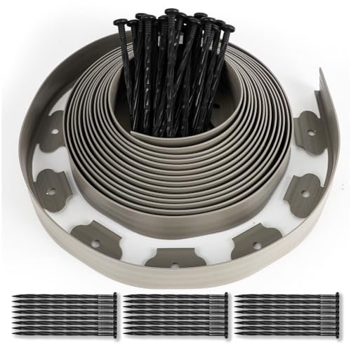 Bordo da giardino in plastica 10 metri con 50 picchetti, di ancoraggio, bordo per prato, flessibile, bordo erba, idea da giardino, altezza 50 mm, profondità 4 mm, grigio