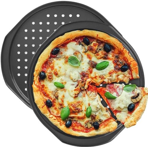 CoCoCherry 2 Pack 12 Inch Pizza Trays for Oven Non Stick, Perforated Round Pizza Trays with Handle, Carbon Steel Pizza Pans, Freezer and Fridge Safe