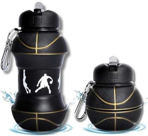 Bouteille gourde pliable bouteille pliable gourde basketball Silicone Pliable en Silicone Gourde pour Enfants pour Sports et Plein Air Mousqueton Ballon d'eau compact pour cadeau original (Basquet)