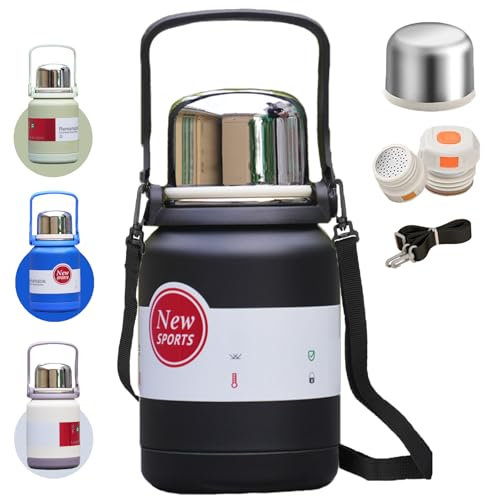 Pauzema Thermosflasche, SUS316 Edelstahl Isolierflasche 600ml To Go, Kohlensäure Getränke Geignet, 16 heiß / 26h kalt, BPA Frei für Schule, Arbeit, Wandern mit Schultergurt & Griff - Schwarz