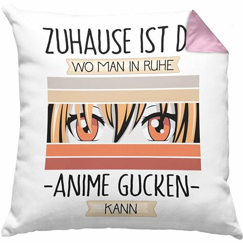 Trendation Anime Kissen mit Füllung 40x40 Geschenk Geschenkidee Lustiger Spruch Zuhause Ist Da Wo Man In Ruhe Anime Gucken Kann (Rosa)