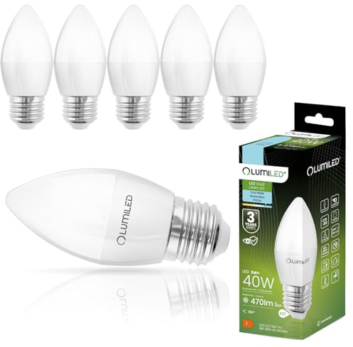 Lumiled B35 E27 LED Lampe 5W (ersetzt 40W), 470 Lumen, Kerze Milch Glas Leuchtmittel in Kerzeform 6500K Kaltweiß Birne Lampen 180° Grad Abstrahlwinkel LED Lampenn Kerzenbirnen 6er-Pack