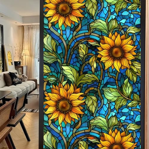 Stained Glass Sunflower Window Film, 45x100cm Non-Adhesive Privacy Film, UV Sun Blocking Static Clings, Flower Window Decal for Bathroom Shower Door