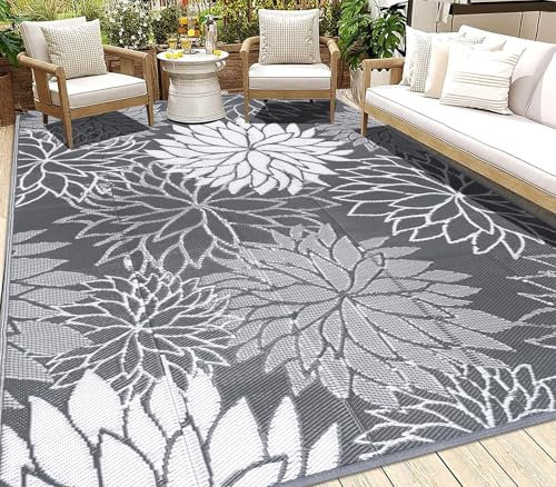 SHACOS Outdoor Teppich Wetterfest Groß Grau 270x360 cm Balkonteppich Wasserfest UV-bestandig Außenteppich Camping Teppich Picknickdecke Kunststoff Outdoor Teppiche für Terrasse, Garetn, Deck